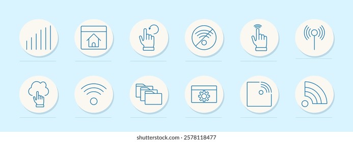 Wireless network set icon. Signal strength, home page, refresh, no connection, touch, antenna, cloud access, folders, settings, wireless signal, connectivity