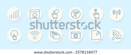 Wireless network set icon. Signal strength, home page, refresh, no connection, touch, antenna, cloud access, folders, settings, wireless signal, connectivity