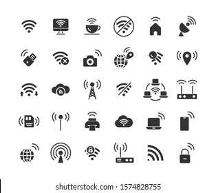 Wireless Network solid icon set. Vector and Illustration.