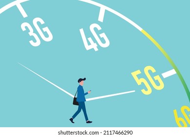 Wireless Network Speed. 5G High Speed Internet Concept. Futuristic Speedometer With The Pointer On 5G Technology, Concept Of Fast Mobile Network.