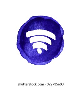 Wireless network symbol on bright blue watercolor spots for your design. Original abstract wi-fi icon. Internet theme. Vector illustration