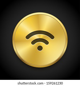 Wireless network symbol on golden button. Vector background. 