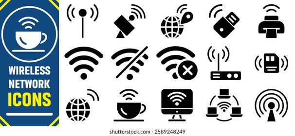 Wireless and Network vector icon set. Contains linear outline icons like Connection, Signal, Internet, Phone, Radio, Computer, Wifi, Communication, Antenna. vector illustration.