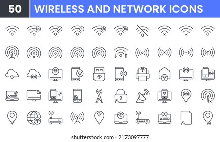 Wireless and Network vector line icon set. Contains linear outline icons like Connection, Signal, Internet, Phone, Radio, Computer, Wifi, Communication, Antenna. Editable use and stroke.