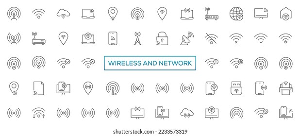 Symbol für Wireless- und Netzwerk-Vektorgrafik-Symbole festgelegt. Enthält lineare Rahmensymbole wie Verbindung, Signal, Internet, Telefon, Radio, Computer, WLAN, Kommunikation, Antenne