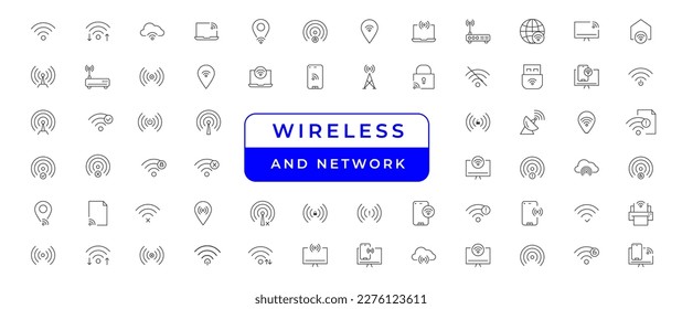 Symbol für Wireless- und Netzwerk-Vektorgrafik-Symbole festgelegt. Enthält lineare Rahmensymbole wie Verbindung, Signal, Internet, Telefon, Radio, Computer, WLAN, Kommunikation, Antenne