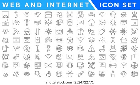 Conjunto de ícones de linha de vetor Sem fio e Rede. Contém ícones lineares de tópicos como Conexão, Sinal, Internet, Telefone, Rádio, Computador, Wifi, Comunicação, Antena. Uso e traçado editáveis