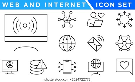 Conjunto de ícones de linha de vetor Sem fio e Rede. Contém ícones lineares de tópicos como Conexão, Sinal, Internet, Telefone, Rádio, Computador, Wifi, Comunicação, Antena. Uso e traçado editáveis