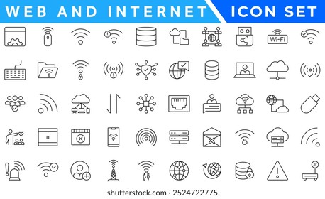 Conjunto de ícones de linha de vetor Sem fio e Rede. Contém ícones lineares de tópicos como Conexão, Sinal, Internet, Telefone, Rádio, Computador, Wifi, Comunicação, Antena. Uso e traçado editáveis