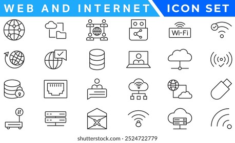 Conjunto de ícones de linha de vetor Sem fio e Rede. Contém ícones lineares de tópicos como Conexão, Sinal, Internet, Telefone, Rádio, Computador, Wifi, Comunicação, Antena. Uso e traçado editáveis