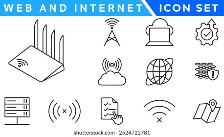 Conjunto de ícones de linha de vetor Sem fio e Rede. Contém ícones lineares de tópicos como Conexão, Sinal, Internet, Telefone, Rádio, Computador, Wifi, Comunicação, Antena. Uso e traçado editáveis