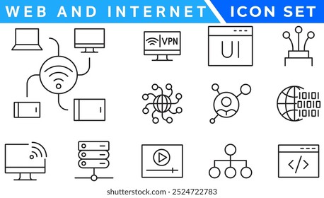 Conjunto de ícones de linha de vetor Sem fio e Rede. Contém ícones lineares de tópicos como Conexão, Sinal, Internet, Telefone, Rádio, Computador, Wifi, Comunicação, Antena. Uso e traçado editáveis