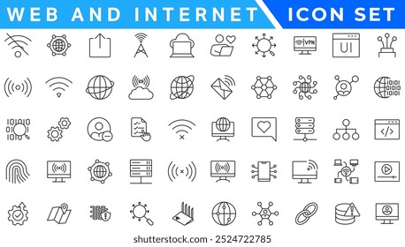 Conjunto de ícones de linha de vetor Sem fio e Rede. Contém ícones lineares de tópicos como Conexão, Sinal, Internet, Telefone, Rádio, Computador, Wifi, Comunicação, Antena. Uso e traçado editáveis