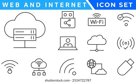 Conjunto de ícones de linha de vetor Sem fio e Rede. Contém ícones lineares de tópicos como Conexão, Sinal, Internet, Telefone, Rádio, Computador, Wifi, Comunicação, Antena. Uso e traçado editáveis