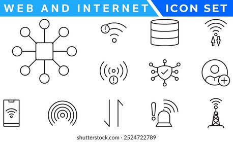 Conjunto de ícones de linha de vetor Sem fio e Rede. Contém ícones lineares de tópicos como Conexão, Sinal, Internet, Telefone, Rádio, Computador, Wifi, Comunicação, Antena. Uso e traçado editáveis