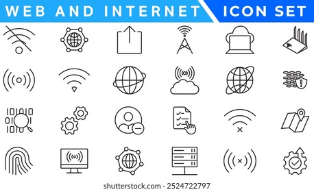 Conjunto de ícones de linha de vetor Sem fio e Rede. Contém ícones lineares de tópicos como Conexão, Sinal, Internet, Telefone, Rádio, Computador, Wifi, Comunicação, Antena. Uso e traçado editáveis