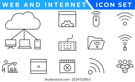 Conjunto de ícones de linha de vetor Sem fio e Rede. Contém ícones lineares de tópicos como Conexão, Sinal, Internet, Telefone, Rádio, Computador, Wifi, Comunicação, Antena. Uso e traçado editáveis