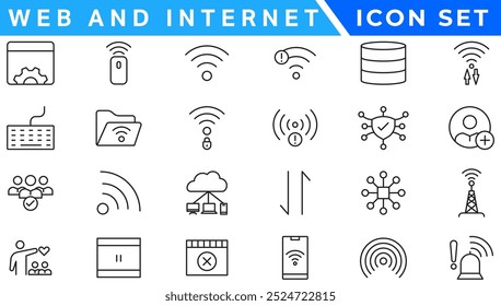 Symbol für Wireless- und Netzwerkvektorzeile. Enthält lineare Umrisssymbole wie Verbindung, Signal, Internet, Telefon, Radio, Computer, WLAN, Kommunikation, Antenne. Bearbeitbare Verwendung und Strich