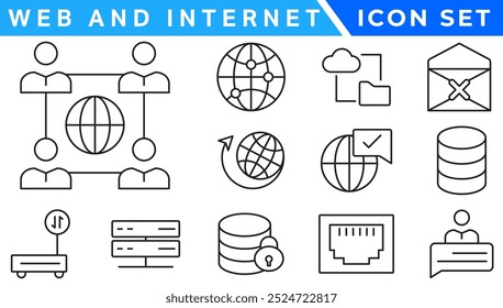 Conjunto de ícones de linha de vetor Sem fio e Rede. Contém ícones lineares de tópicos como Conexão, Sinal, Internet, Telefone, Rádio, Computador, Wifi, Comunicação, Antena. Uso e traçado editáveis