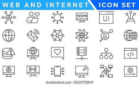 Conjunto de ícones de linha de vetor Sem fio e Rede. Contém ícones lineares de tópicos como Conexão, Sinal, Internet, Telefone, Rádio, Computador, Wifi, Comunicação, Antena. Uso e traçado editáveis