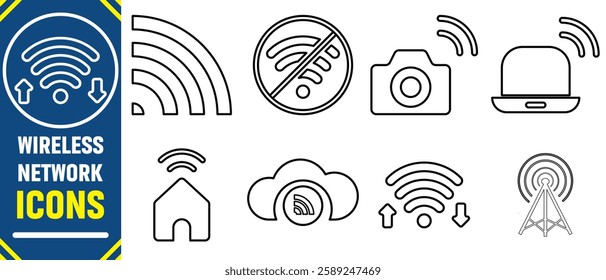 Wireless and Network vector line icon set. Contains linear outline icons like Connection, Signal, Internet, Phone, Radio, Computer, Wifi, Communication, Antenna. Editable use and stroke. Eps 10.