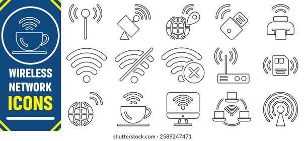 Wireless and Network vector line icon set. Contains linear outline icons like Connection, Signal, Internet, Phone, Radio, Computer, Wifi, Communication, Antenna. Editable use and stroke. Eps 10.