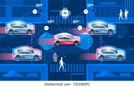 Wireless network of vehicle. Road in the city with autonomous Driverless cars and people walking on the street.