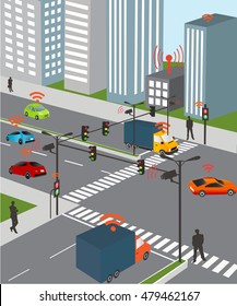 Wireless network of vehicle.Communication that connects cars to devices on the road. Smart Car, Traffic and wireless network, Intelligent Transport Systems