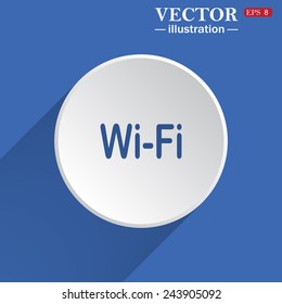 The wireless network , white circle on a blue background with shadow. Vector illustration, EPS 8