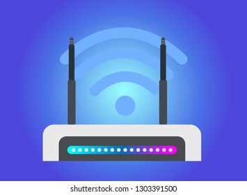 Wireless Network Wi-Fi Router of flat style vector illustration, Isolated on blue background. High speed internet connection, computer network and telecommunication technology.