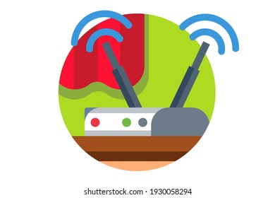 Wireless network wifi router vector illustration. Router device, wifi access point for laptop, tablet and phone connection flat style. Modern technology concept. Isolated on white background