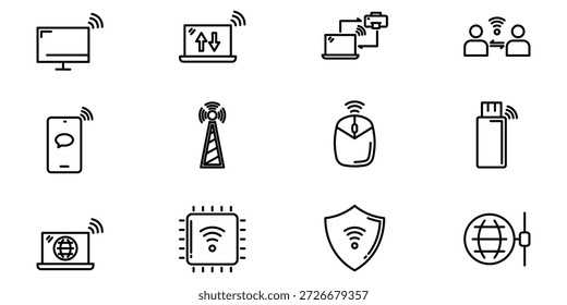 Wireless Networking Icons Set – WiFi, Internet, Data Transfer, Devices and Communication Line Symbols