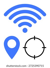 Rede sem fio, serviços de localização, rastreamento GPS, acesso à Internet, direcionamento digital, aplicativos móveis. símbolo sem fio, pin de mapa e ícone de cruz. Serviços de rede e localização sem fios