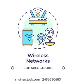 Icono de concepto multicolor de redes inalámbricas. Forma de telecomunicación. Ondas de radio. Transmisión de datos. Ilustración de línea de forma redonda. Abstractas idea. Diseño gráfico. Fácil de usar en la presentación