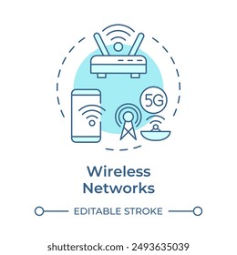 Wireless networks soft blue concept icon. Form of telecommunication. Radio waves. Data transmission. Round shape line illustration. Abstract idea. Graphic design. Easy to use in presentation