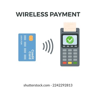 Wireless NFC payment terminal with credit card, flat vector illustration isolated on white background. Data exchange and money transaction via NFC technology.