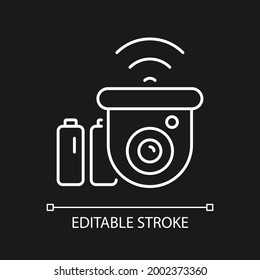 Wireless outdoor security camera white linear icon for dark theme. Choice with no WiFi access area. Thin line customizable illustration. Isolated vector contour symbol for night mode. Editable stroke