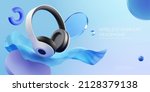 Wireless over ear headphone ad. 3D Illustration of over ear headphones displayed in front of floating fabric on blue background