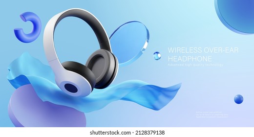 Wireless over ear headphone ad. 3D Illustration of over ear headphones displayed in front of floating fabric on blue background - Shutterstock ID 2128379138