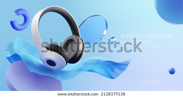 Wireless over ear headphone ad. 3D\
Illustration of over ear headphones displayed in front of floating\
fabric on blue\
background