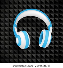 Wireless over ear headphones on acoustic foam panel background in radio broadcasting studio. Live broadcast, recording of podcast broadcast in special soundproof room. Realistic vector