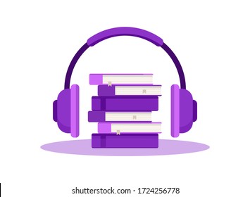 Wireless over-ear headphones with a stack of books between the ear pads. Listen to audiobooks through headphones anywhere. Stylish flat illustration in violet color on a white background.