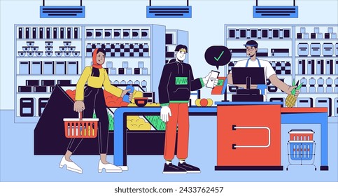 Wireless paying at grocery cartoon flat illustration. NFC phone customer cashier supermarket diverse 2D line characters colorful background. Checkout line terminal scene vector storytelling image