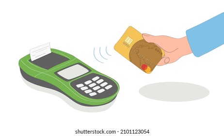 wireless payment by credit card through the terminal, the hand is holding the card, infographics, isolated, vector