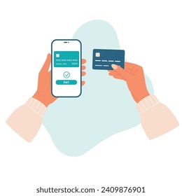 Pago móvil con tarjeta de crédito. Mano con smartphone. Compras en línea por teléfono y tarjeta conectada. Vector
