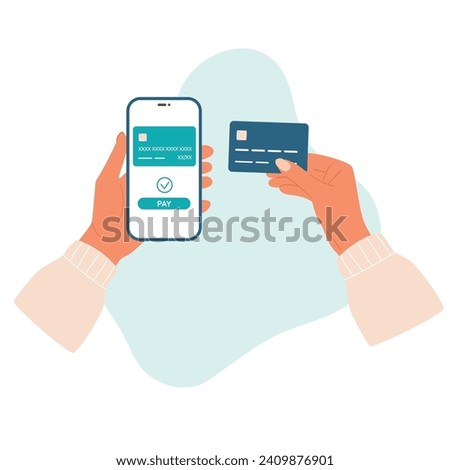 Wireless payment by credit card. Hand with smartphone. Online shopping by phone and connected card. Vector
