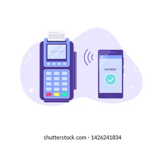 Wireless payment concept banner. Payment terminal with mobile phone. NFC payment technology. Flat style illustration.