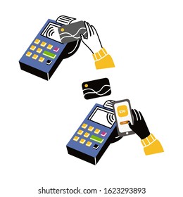 Wireless payment concept, Contactless payment with mobile or credit card with NFC technology. Flat lineart style vector illustration.