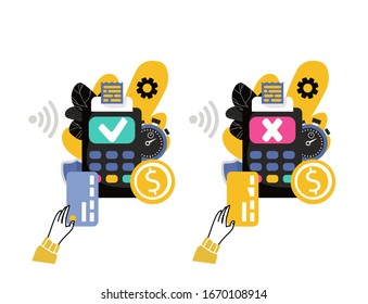 Concepto de pago inalámbrico, pago sin contacto con móvil o tarjeta de crédito con tecnología NFC. Ilustración vectorial de estilo lineal plana.