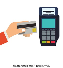 Wireless payment concept. Pos terminal is waiting for card and human hand holding a credit card to pay. Vector illustration on white background. eps10